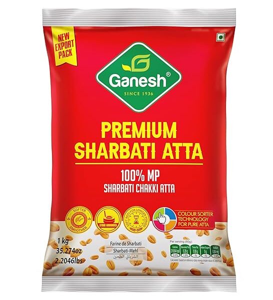 Ganesh Premium Sharbati Atta, 100% MP Chakki Atta, Stone Ground Whole Wheat Flour, 1 kg